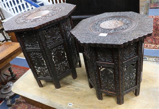 Two Indian inlaid and carved wood tables W.53cm,45cm